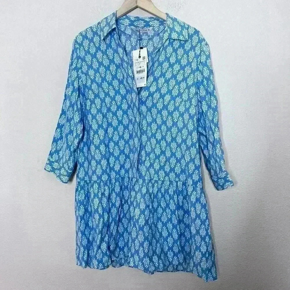 ZARA NWT WHITE BLUE PRINT SHORT DRESS V NECK SIZE Large - Picture 1 of 9
